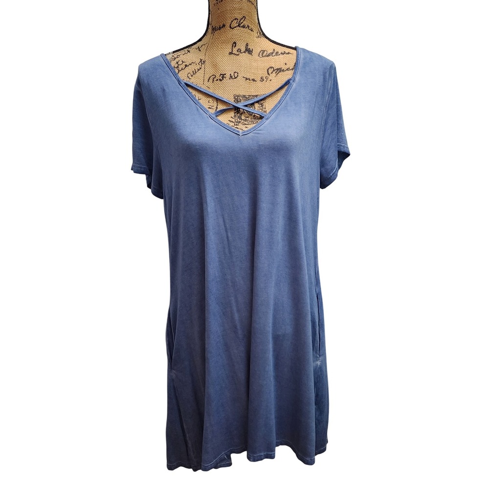 Umgee USA‎ Womens XL Blue Casual Short Sleeve V Neck T Shirt Dress